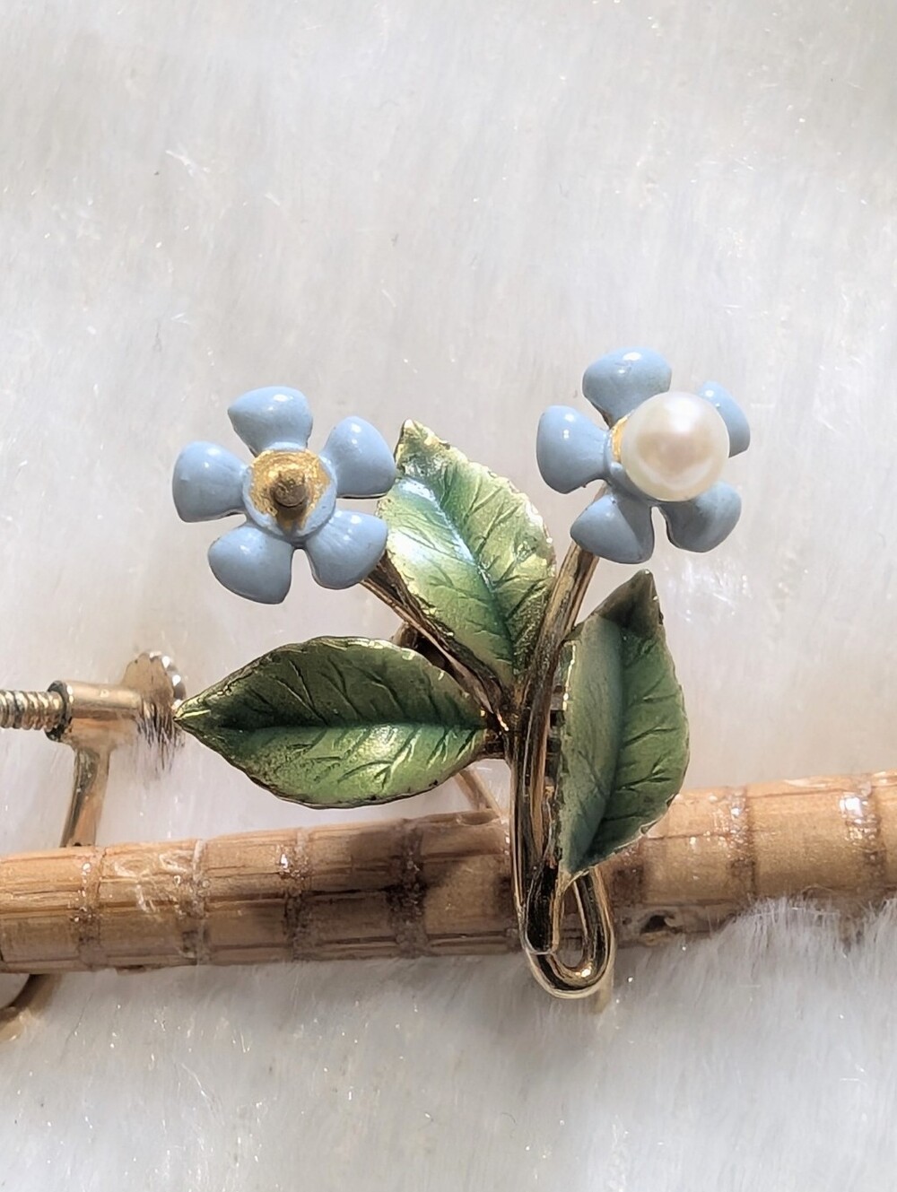 60s Krementz Forget-Me-Not Cultured Pearl Earrings & Pin Brooch Set - Picture 4 of 10